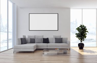 Modern parlak iç daire mockup poster çerçeve 3d render çizim ile