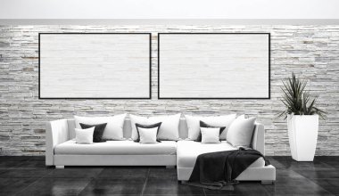 Modern parlak iç daire mockup poster çerçeve 3d render çizim ile