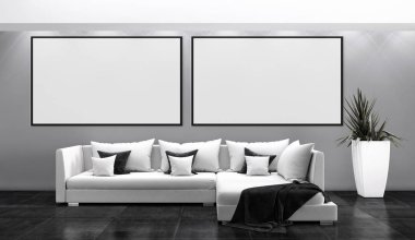 Modern parlak iç daire mockup poster çerçeve 3d render çizim ile