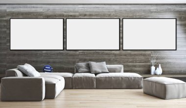 Modern parlak iç daire mockup poster çerçeve 3d render çizim ile