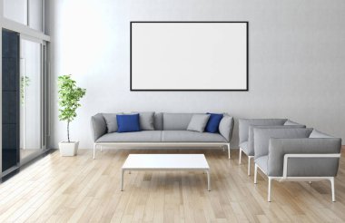 Modern parlak iç daire mockup poster çerçeve 3d render çizim ile