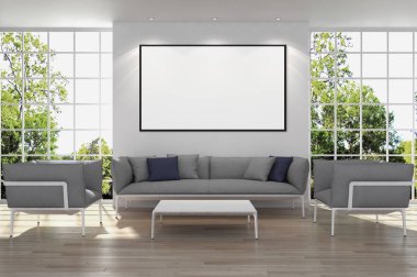 Modern parlak iç daire mockup poster çerçeve 3d render çizim ile