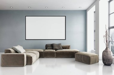 Modern parlak iç daire mockup poster çerçeve 3d render çizim ile