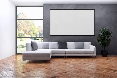 Modern parlak iç daire mockup poster çerçeve 3d render çizim ile