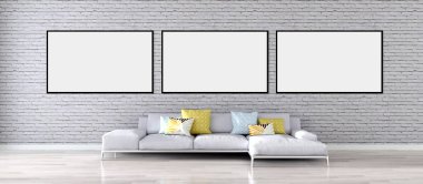 Modern parlak iç daire mockup poster çerçeve 3d render çizim ile