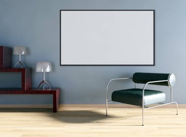 Modern parlak iç daire mockup poster çerçeve 3d render çizim ile