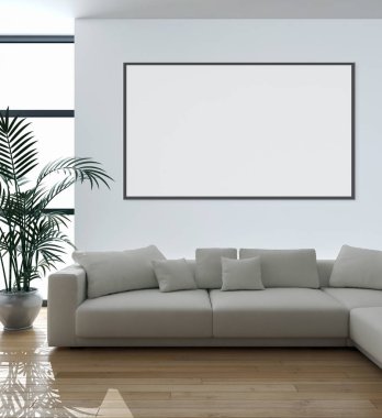Modern parlak iç daire mockup poster çerçeve 3d render çizim ile