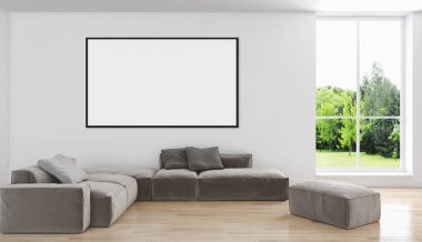 Modern parlak iç daire mockup poster çerçeve 3d render çizim ile