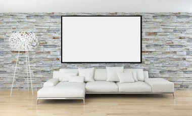 Modern parlak iç daire mockup poster çerçeve 3d render çizim ile