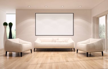 Modern parlak iç daire mockup poster çerçeve 3d render çizim ile