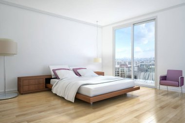 Modern parlak yatak odası iç 3d render illüstrasyon