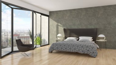 Modern parlak yatak odası iç 3d render illüstrasyon