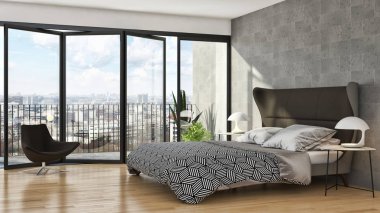 Modern parlak yatak odası iç 3d render illüstrasyon