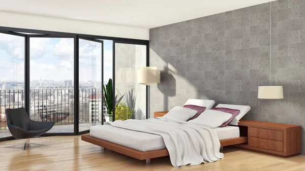 Modern Bed Van Lichte Kamer Interieurs Rendering Illustratie — Stockfoto
