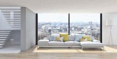 Modern parlak iç daire oturma oda 3d render illüstrasyon