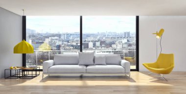 Modern parlak iç daire oturma oda 3d render illüstrasyon