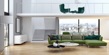 Modern parlak iç daire oturma oda 3d render illüstrasyon