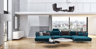 Modern parlak iç daire oturma oda 3d render illüstrasyon