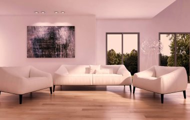 Modern parlak iç daire oturma oda 3d render illüstrasyon