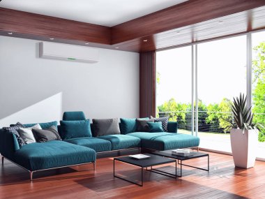 Modern parlak iç daire oturma oda 3d render illüstrasyon