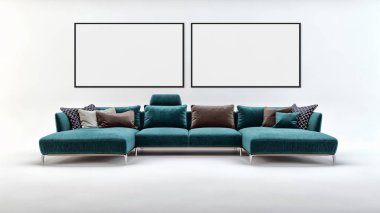 Modern parlak iç daire mockup poster çerçeve 3d render çizim ile