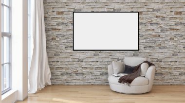 Modern parlak iç daire mockup poster çerçeve 3d render çizim ile