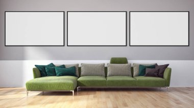 Modern parlak iç daire mockup poster çerçeve 3d render çizim ile