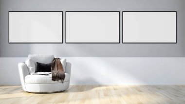 Modern parlak iç daire mockup poster çerçeve 3d render çizim ile