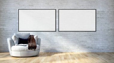 Modern parlak iç daire mockup poster çerçeve 3d render çizim ile