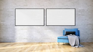 Modern parlak iç daire mockup poster çerçeve 3d render çizim ile