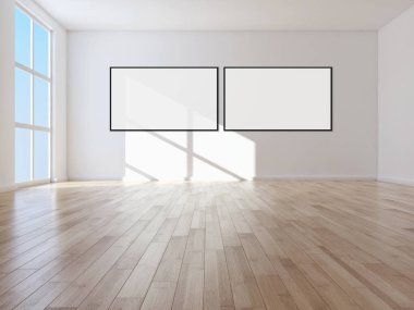 Modern parlak iç daire mockup poster çerçeve 3d render çizim ile