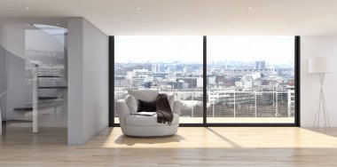 Modern parlak iç daire oturma oda 3d render illüstrasyon