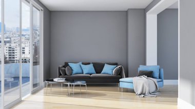 Modern parlak iç daire oturma oda 3d render illüstrasyon