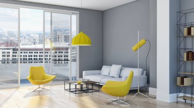 Modern parlak iç daire oturma oda 3d render illüstrasyon