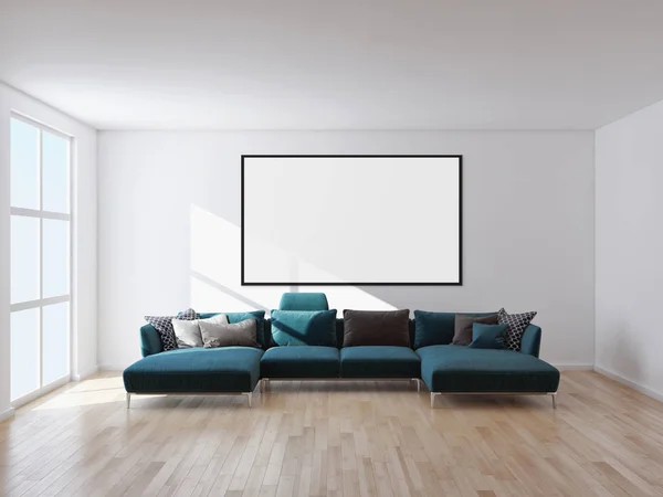 现代明亮的室内公寓与样机海报框架3D 渲染插图 — 图库照片