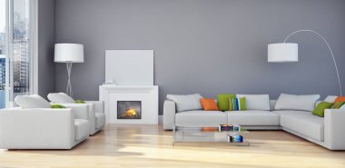 Modern parlak iç daire oturma oda 3d render illüstrasyon