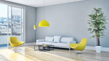 Modern parlak iç daire oturma oda 3d render illüstrasyon