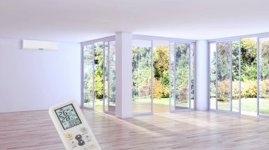 Klima ve uzaktan kumanda 3d render çizim ile modern iç