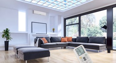 Klima ve uzaktan kumanda 3d render çizim ile modern iç