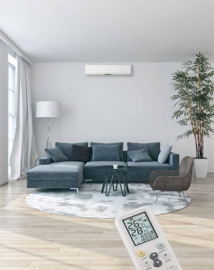 Klima ve uzaktan kumanda 3d render çizim ile modern iç
