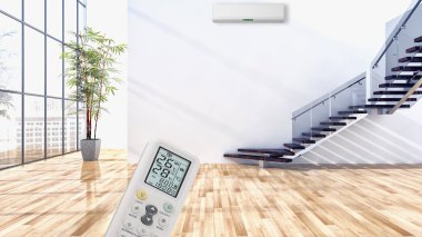 Klima ve uzaktan kumanda 3d render çizim ile modern iç