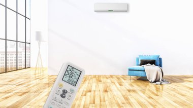 Klima ve uzaktan kumanda 3d render çizim ile modern iç