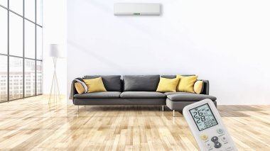 Klima ve uzaktan kumanda 3d render çizim ile modern iç
