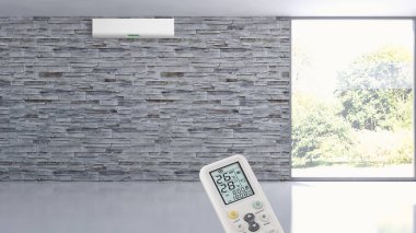 Klima ve uzaktan kumanda 3d render çizim ile modern iç