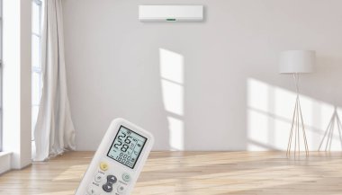 Klima ve uzaktan kumanda 3d render çizim ile modern iç