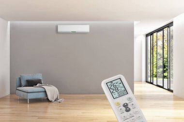 Klima ve uzaktan kumanda 3d render çizim ile modern iç daire