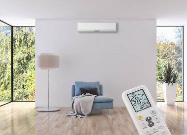 Klima ve uzaktan kumanda 3d render çizim ile modern iç daire