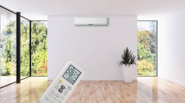 Klima ve uzaktan kumanda 3d render çizim ile modern iç daire