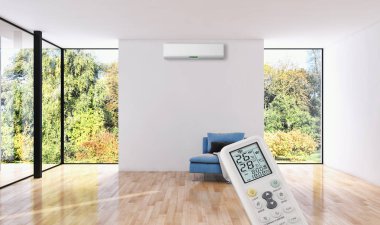 Klima ve uzaktan kumanda 3d render çizim ile modern iç daire