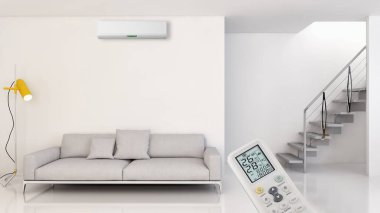 Klima ve uzaktan kumanda 3d render çizim ile modern iç daire